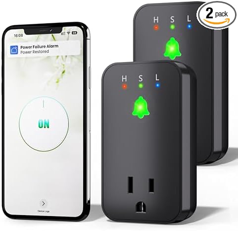 Power Failure Alarm WiFi, 2 Pack Smart Power Outage Alarm & App Notifications, Mini Size Freezer Alert & Loud 110dB & LED Indicator & Voltage Detection, Home Power Monitor for GFCI Trips, Sump Pump ﻿