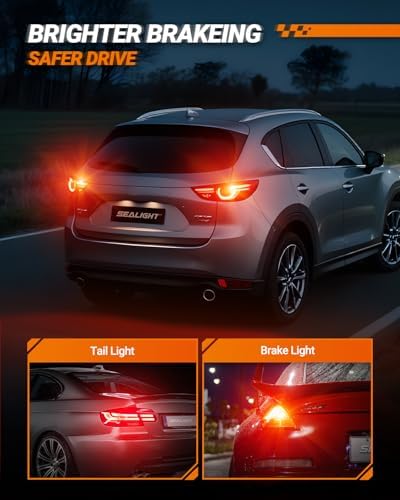 SEALIGHT 7440 7443 LED Bulbs Red for Brake Lights, Upgraded T20 7444 7441 W21W 992 7443NA LED Bulb 56-SMD with Projector Lens for Stop Tail Lights, Pack of 2