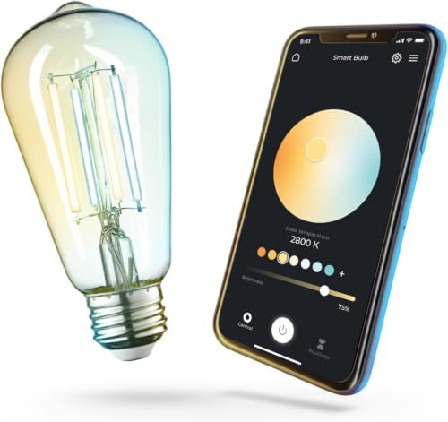 GLOBE Electric 34919 Wi-Fi Smart 5.5W (60W Equivalent) Straight Filament Tunable White Amber Glass LED Light Bulb, No Hub Required, Voice Activated, 2000K - 5000K, Vintage Edison Style, 500 Lumns