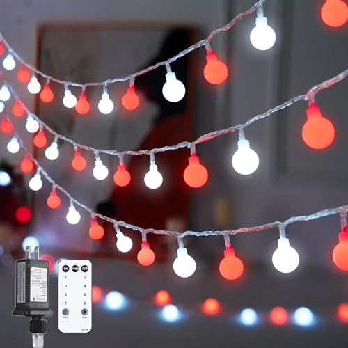 JMEXSUSS Connectable 100 LED Globe Red and White Christmas Lights Indoor