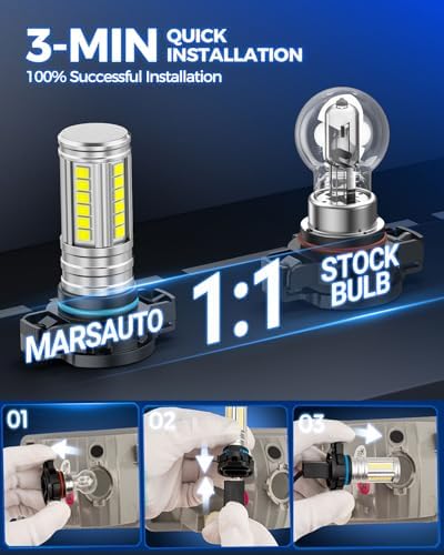 Marsauto 5202 Led Fog Light Bulbs, 12,000 LM 360° Illumination Upgraded 60 Pcs Chips 5201 PS24W Fog Lights Led, 6500K White Strong Penetration 5201 Fog Light Bulb for Car, Pack of 2