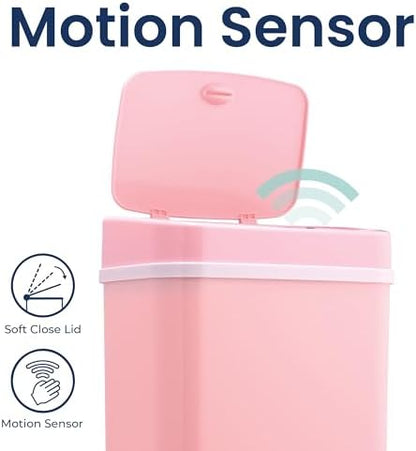 Ninestars 3 Gallon Automatic Trash Can, 12L Touchless Motion Sensor Bathroom or Bedroom Garbage Can with Odor-Sealing Lid, Impact-Resistant ABS Plastic, Pink