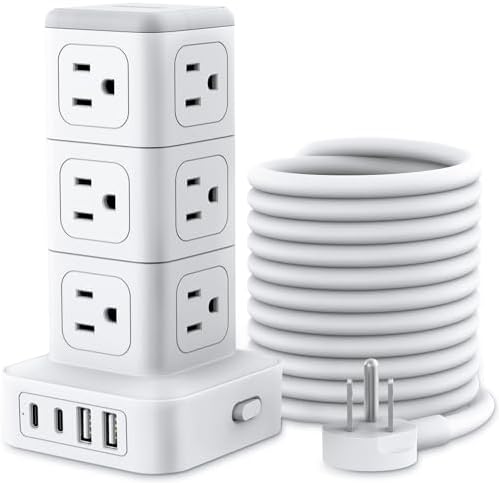 NTONPOWER Power Strip Tower with USB C Ports, 1080 Joules Surge Protector Tower, 1625W / 13A Overload Protection, 15 ft Extension Cord with Multiple Outlets, Power Outlet Tower for Home Office Dorm