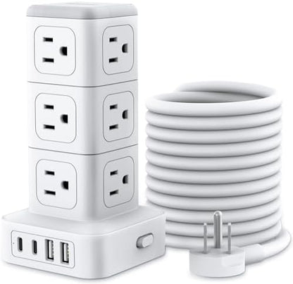NTONPOWER Power Strip Tower with USB C Ports, 1080 Joules Surge Protector Tower, 1625W / 13A Overload Protection, 15 ft Extension Cord with Multiple Outlets, Power Outlet Tower for Home Office Dorm