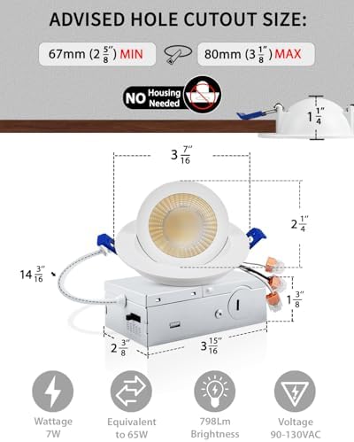 Adetu 3 Inch Gimbal LED Recessed Light, 5CCT, 7W=65W, 798LM, 8 Pack
