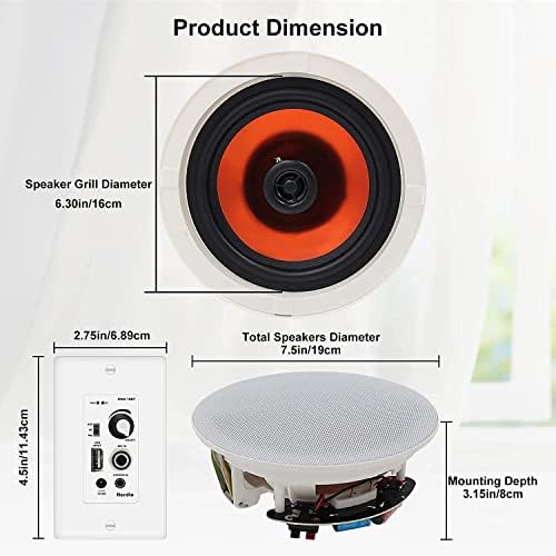 Herdio 6.5'' Bluetooth Ceiling Speakers 600W 2-Way Flush Mount Speakers System with Wall Amplifier Receiver for Home Theater Office (2 Pairs, Paintable-Grille)