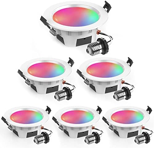 Smart Recessed Lighting 3 Inch, RGBCW, 2700K-6500K CCT Selectable, Dimmeble, Color Changing LED Downlight 6 Pack, App Control, CRI80+ RGB Can-Killer LED Downlight Light Fixtures
