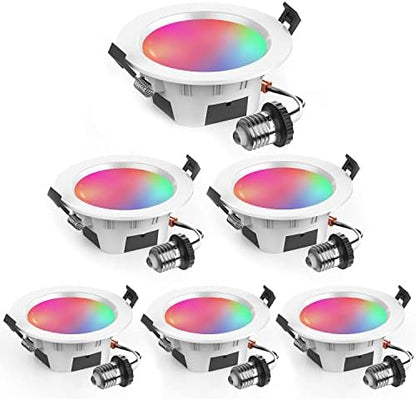 Smart Recessed Lighting 3 Inch, RGBCW, 2700K-6500K CCT Selectable, Dimmeble, Color Changing LED Downlight 6 Pack, App Control, CRI80+ RGB Can-Killer LED Downlight Light Fixtures
