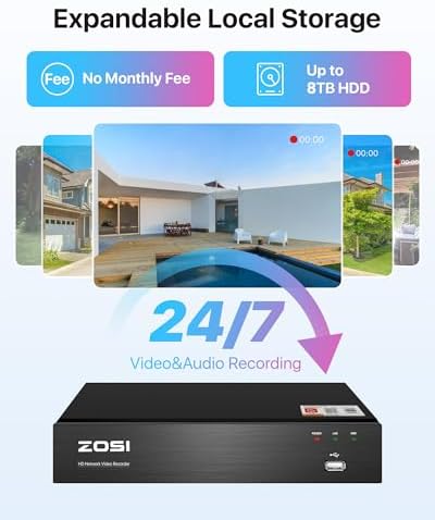 ZOSI 8CH 4K PoE Security Camera System, 2TB Hard Drive, Person Vehicle Detection,4pcs 4K Indoor Outdoor PoE IP Dome Cameras with 2 Way Audio,Color Night Vision,8 Ports 16CH 8MP NVR for 24-7 Recording