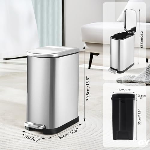 SYNCVIBE Bathroom Trash Can with Soft Close Lid 3.5 Gallon Silver