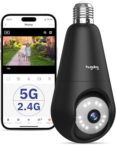 Hugolog 2K 3MP Light Bulb Security Camera 5G& 2.4GHz WiFi, 360° Wireless Outdoor Indoor Camera for Home, Motion Detection, Two-Way Talk, Color Night Vision, Siren Alarm, Compatible with Alexa