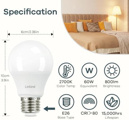 Linkind A19 LED Light Bulbs, 60 Watt Equivalent, 2700K Soft White 24 Packs