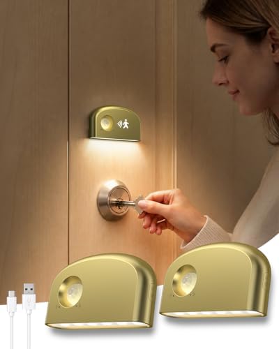 Keyhole Light,Battery Powered Motion Sensor Lights,2 Gold Door Lock Light Magnetic & Dimmable, 6 LED Bulbs PIR Wireless Motion Detector 6500K Soft White,Portable Nightlight for Hallway,Bathroom