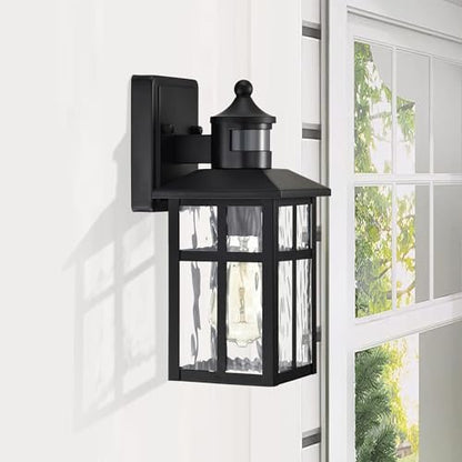 Edvivi Motion Sensor Porch Lights Outdoor, Dusk to Dawn Outdoor Lighting Wall Sconces with Water Glass, Matte Black Wall Mounted Lantern Light Wet Rated Exterior Lighting Fixtures for House 2-Pack