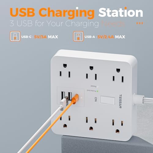 TESSAN Surge Protector Power Strip, 5Ft Flat Plug Extension Cord, White