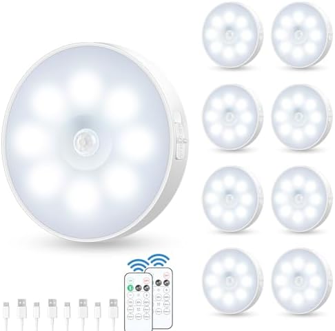 Motion Sensor Puck Light with Remote, Cool White, 8-Pack