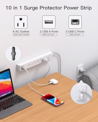 Mifaso 2 Pack Power Strip, 5FT Flat Plug Extension Cord, Surge Protector