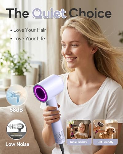 Diffuser Hair Dryer, 500M Negative Ion Blow Dryer for Women (Purple)