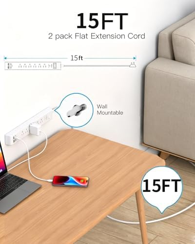 2 Pack Power Strip, Extension Cord 15FT, Surge Protector with 6 Outlets and 4 USB Ports (2 USB C), Flat Plug Overload Protection, Extension Cord with Multiple Outlets, Wall Mount for Home Dorm College