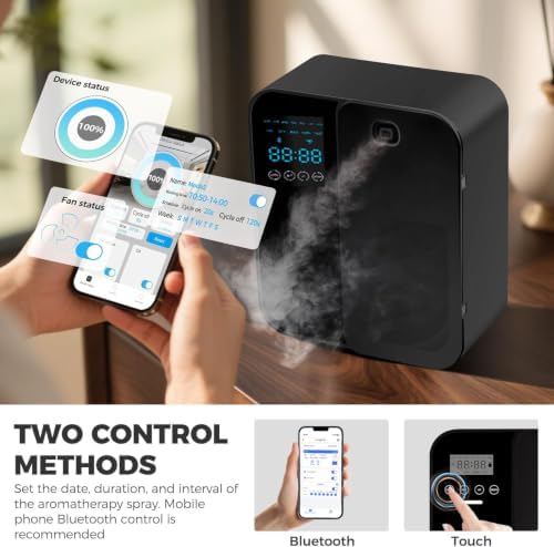 Waterless Scent Diffuser, WiFi Bluetooth App Controlled Fragrance Machine with LED Display, Timer, Adjustable Output for Home, Office, Hotel Lobby and Reception(Black)