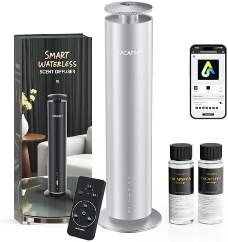 Waterless Essential Oil Diffuser for Large Room up to 1000 Sq Ft - Smart Hotel Scent Diffuser for Home with App, Remote & Timer, Whisper-Quiet Aluminum, Includes 2 x 120ml Oils
