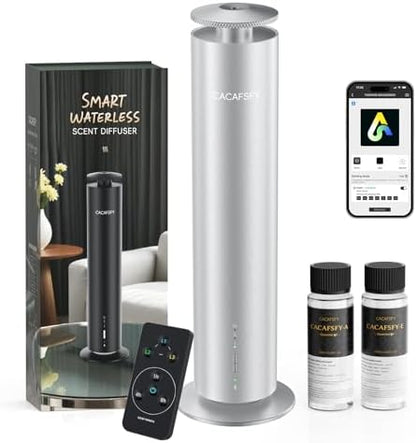 Waterless Essential Oil Diffuser for Large Room up to 1000 Sq Ft - Smart Hotel Scent Diffuser for Home with App, Remote & Timer, Whisper-Quiet Aluminum, Includes 2 x 120ml Oils