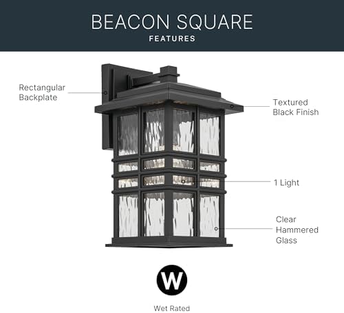 Kichler Beacon Square 14.25" 1-Light Outdoor Wall Light with Clear Hammered Glass in Textured Black, for Exterior Doors, Garage, Porch, or Patio (14.25" x 8"), 49830BKT