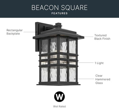 Kichler Beacon Square 14.25" 1-Light Outdoor Wall Light with Clear Hammered Glass in Textured Black, for Exterior Doors, Garage, Porch, or Patio (14.25" x 8"), 49830BKT