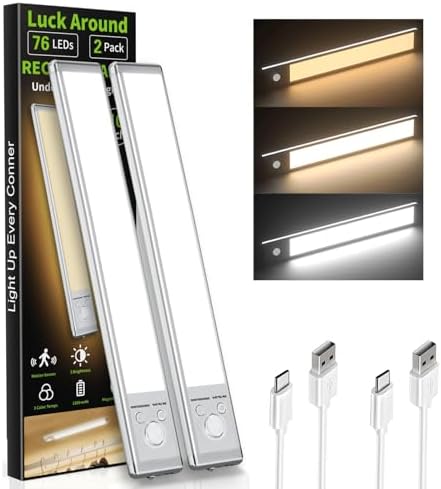 2 Pack Under Cabinet Lighting, 10in Rechargeable Motion Sensor Light Indoor