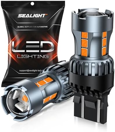 SEALIGHT 7443 7440 LED Bulb Amber Turn Signal Lights, T20 7441 7444 992 W21W LED Light Bulb with Projector Len and Need Extra Load Resistor, Includes Additional Decoders, Pack of 2