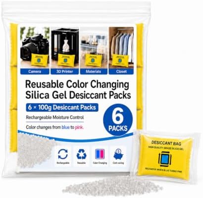 6×100g Reusable Silica Gel Desiccant Packs, Rechargeable & Color Changing