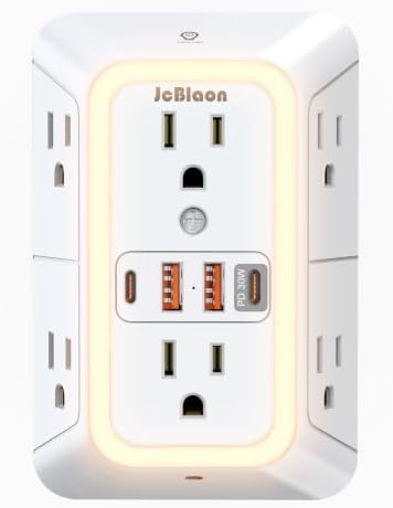 Multi Plug Outlet Surge Protector, 6 Outlet Extender and 4 USB with PD30W USB-C Fast Charging, 3-Sided 1050J Surge Protector Power Strip with Night Light for Home Travel Office-ETL
