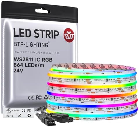 BTF-LIGHTING RGB WS2811 Smart IC FCOB COB LED Strip, UL Listed 864LEDs/m High Density Color Chasing Uniform Light, DC24V 16.4FT 12mm Width Tape Light for Home Party DIY Decor(No Adapter or Controller)