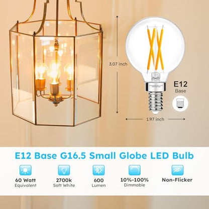 E12 G16.5 Globe LED Bulb, 2700K Warm White, 60W Equivalent, Dimmable