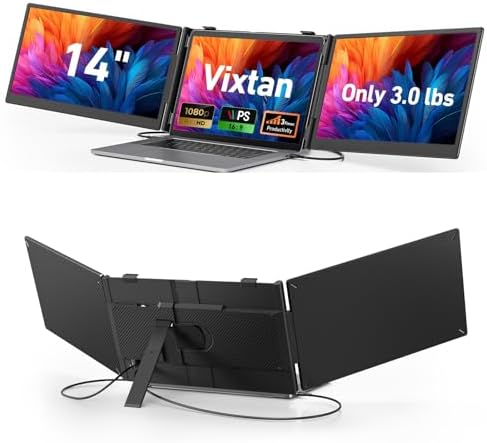 Vixtan 14" Triple Laptop Screen Extender, 3.0 lbs Lightweight FHD IPS Portable Monitor for Laptop, USB-C Plug & Play Multi Screen Attachment for 13-17.3" laptops with Windows/Mac/Chrome