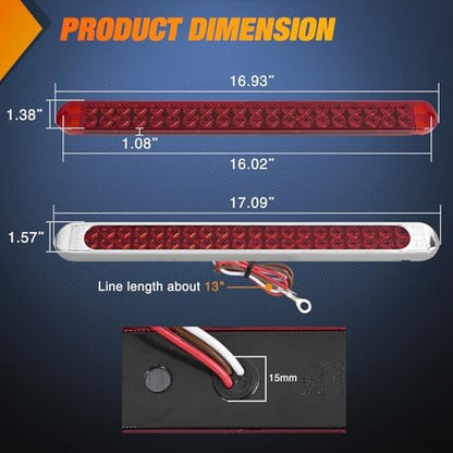 Nilight LED Tail Light 17" Red Running Brake Turn Lights W/Chrome Bezel