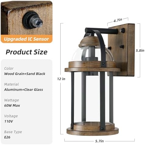 OKELI Dusk to Dawn Outdoor Wall Lights, Waterproof Lighting Fixtures Rustic Farmhouse Wall Lanterns with Clear Glass Shades Anti-Rust Outside Lights for Garage Patio Porch(Wood Grain, 2 Pack)
