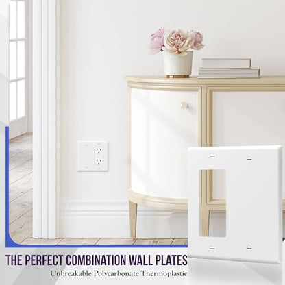 ENERLITES Combination Decorator Rocker/Blank Outlet Wall Plate, Standard Size, 2-Gang 4.50 inch x 4.57 inch Light Switch Cover, Polycarbonate Thermoplastic, UL Listed, 880131-W, White