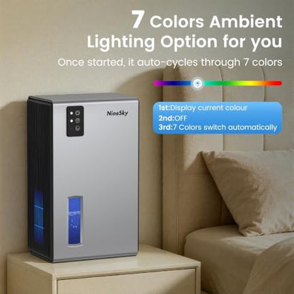NineSky Dehumidifiers for Home, 1000 Sq.Ft Dehumidifier with 95oz Water Tank, Quiet Dehumidifier for Basement Bathroom Bedroom with 7-Color Ambient Light & Auto Shut Off, Sliver