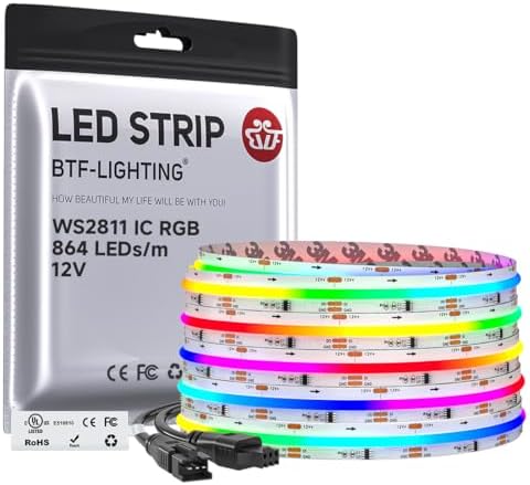 BTF-LIGHTING RGB WS2811 Smart IC FCOB COB LED Strip, UL Listed 864LEDs/m High Density Color Chasing Uniform Light, DC12V 16.4FT 12mm Width Tape Light for Home Party DIY Decor(No Adapter or Controller)