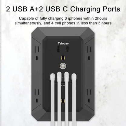 Multi Plug Wall Outlet Surge Protector with 6-Outlet & 4 USB Ports(2USB-C)