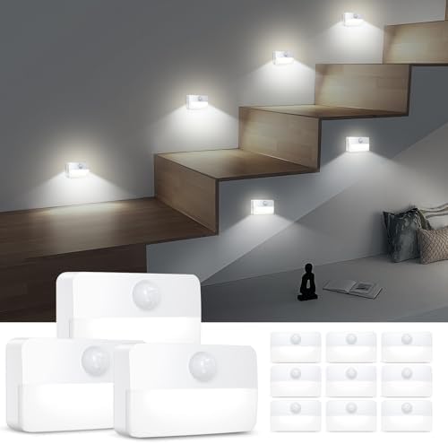 AMIR 12 Pack Motion Sensor Stair Lights for Indoor, Battery-Operated LED Night Light, 40 Lumen 6500K, Cordless Closet Light, Tap Light, Safe Lights for Stairs, Hallway, Bathroom, Cabinet, Kitchen