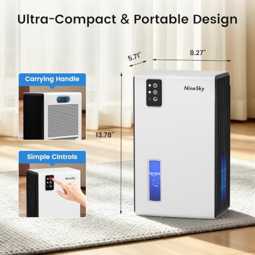 NineSky Dehumidifiers for Home, 1000 Sq.Ft Dehumidifier with 95oz Water Tank, Quiet Dehumidifier for Basement Bathroom Bedroom with 7-Color Ambient Light & Auto Shut Off, White