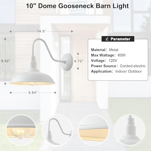 10" Outdoor Barn Lights for Farmhouse, Gooseneck Outdoor Light in Matte White, Farm Exterior Lighting Fixtures with Wall Mount, 2-Pack Outside Wall Sconce for Porch, Garage, Front Door