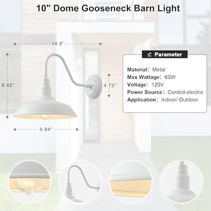 10" Outdoor Barn Lights for Farmhouse, Gooseneck Outdoor Light in Matte White, Farm Exterior Lighting Fixtures with Wall Mount, 2-Pack Outside Wall Sconce for Porch, Garage, Front Door