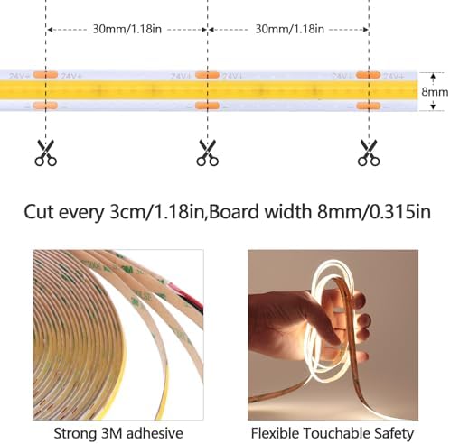 49.2ft/15M 24V COB LED Strip Light Natural White 4000K CRI 93+ 11000lm