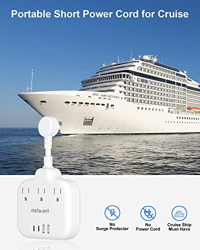 Short Extension Cord 3 Inch, Flat Plug Small Power Strip with 3 AC & 4 USB(1 USB-C), 1875W/15A, Multi Plug Outlet Extender, Non-Surge Protection for Cruise Travel Dorm Kitchen, White