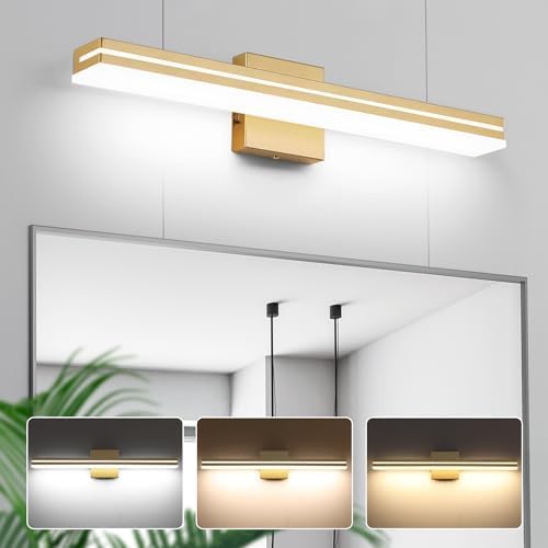 SineRise LED Modern Bathroom Vanity Light Fixtures (24-Inch, 3000K/4000K/6000K, Dimmable), Gold Modern Acrylic Bathroom Wall Lighting Fixtures Over Mirror