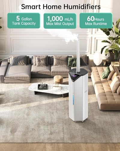 5Gal Smart Humidifier Large Room up to 2800ft², 1000mL/h, APP & Remote Control, 180° Auto Rotating Nozzle, 24H Timer, 60H Supersized Cool Mist Humidifiers for Whole House Home Office Plants