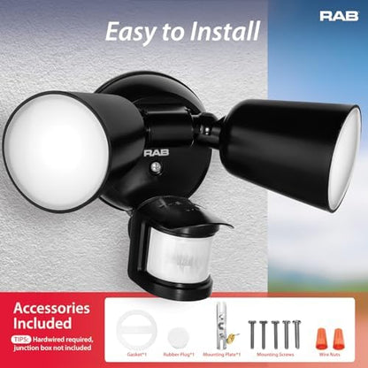 RAB Lighting LU160 Luminator Motion Sensor Outdoor Lights - Flood Light for Security, Outside Dusk to Dawn Photocell, 3000k–5000k Tunable, IP65 Weatherproof Rating, 160°Coverage, 50 Ft Range (Black)